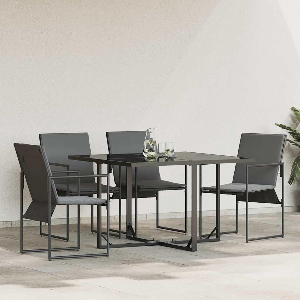 Tuinstoel, staal, poedercoating, textiel, antraciet en zwart, weerbestendig, afneembare kussens, geïntegreerde armleuning, voor terras, erf
