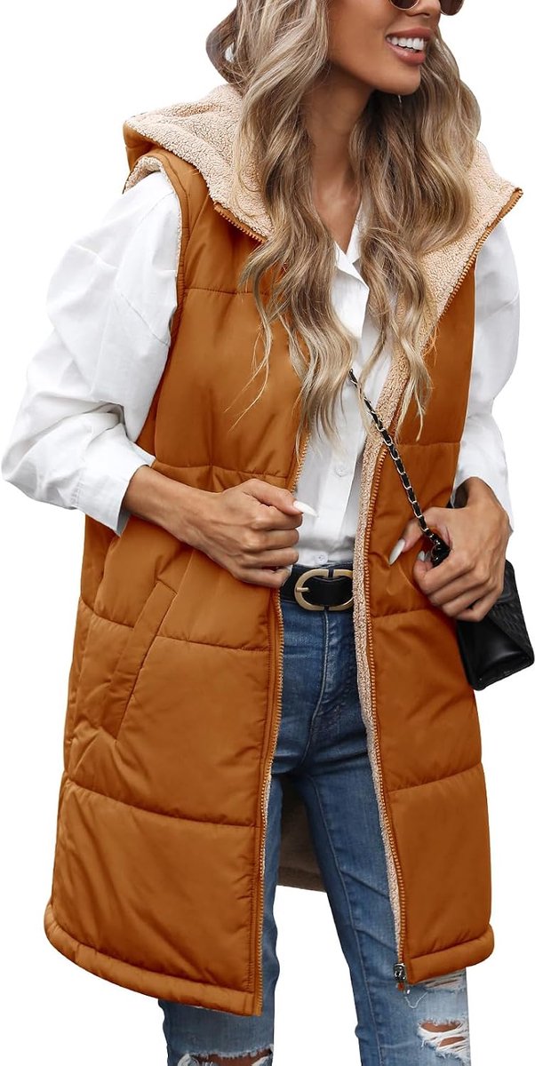 Bodywarmers voor dames, gewatteerde bodywarmers met ritssluiting, gewatteerd vest voor dames, lange bodywarmers met capuchon, mouwloos, donsjas, fleece, dik vest, wintervest