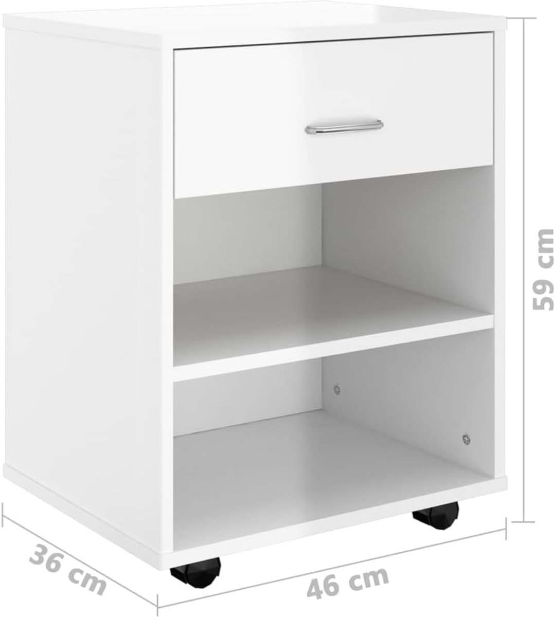 Hoogglans wit 46x36x59 cm, mobiele kantoorkast met 4 wielen, ondertafel ladekast voor printers en documenten