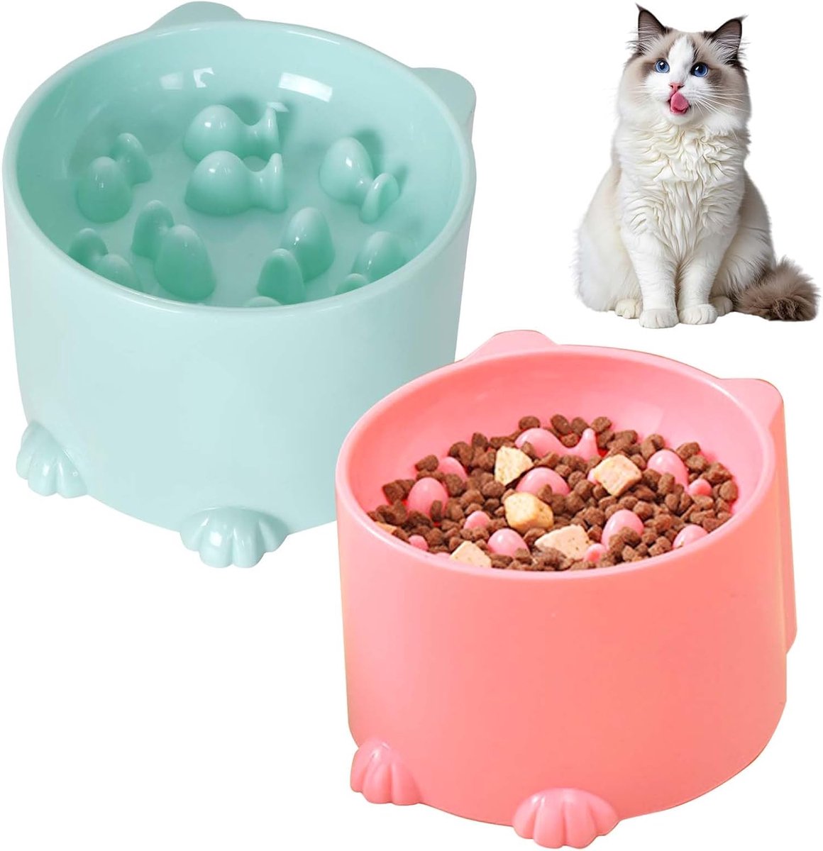 2 stuks Slow Feeder Kattenkommen, verhoogde morsbestendige langzaam eten huisdiervoeding gerechten voor neksteun, kattenpuzzelvoederbak anti-slikken, geschikt voor katten en kleine honden (roze, groen