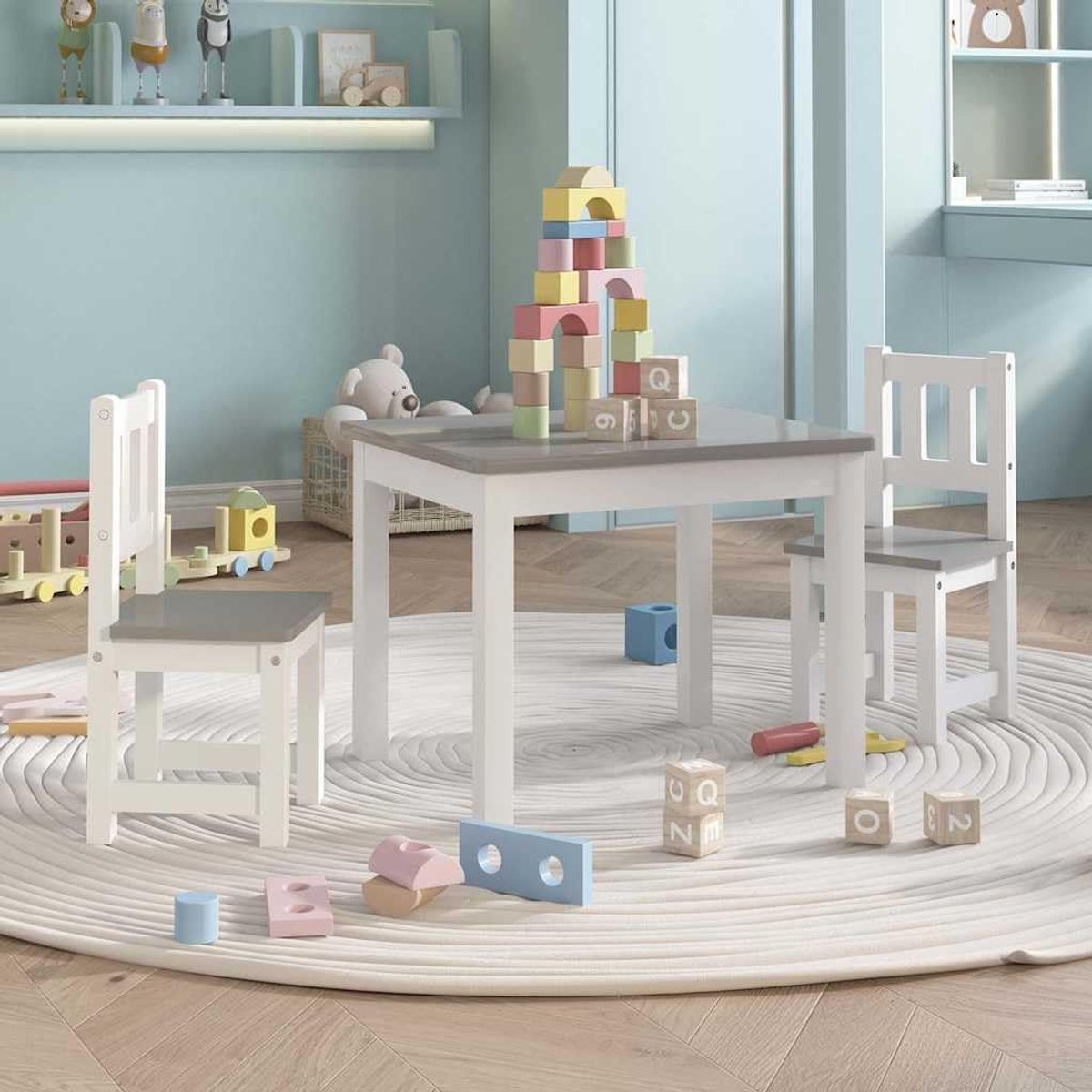 3-delig van MDF tafel en twee stoelen wit en grijs voor kinderkamer speelkamer