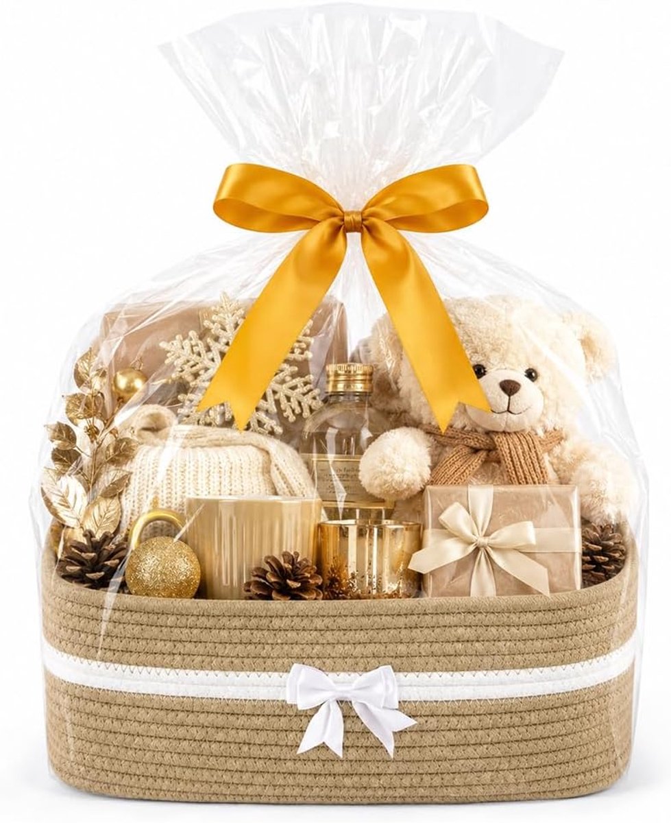 Leeg, groot, mand voor geschenken, 34 x 25 x 15 cm, cadeaumand, leeg met cadeauzakjes en linten, cadeaumand voor verjaardag, babyshower, bruiloft, Pasen, Kerstmis, oogstfeest (kaki)