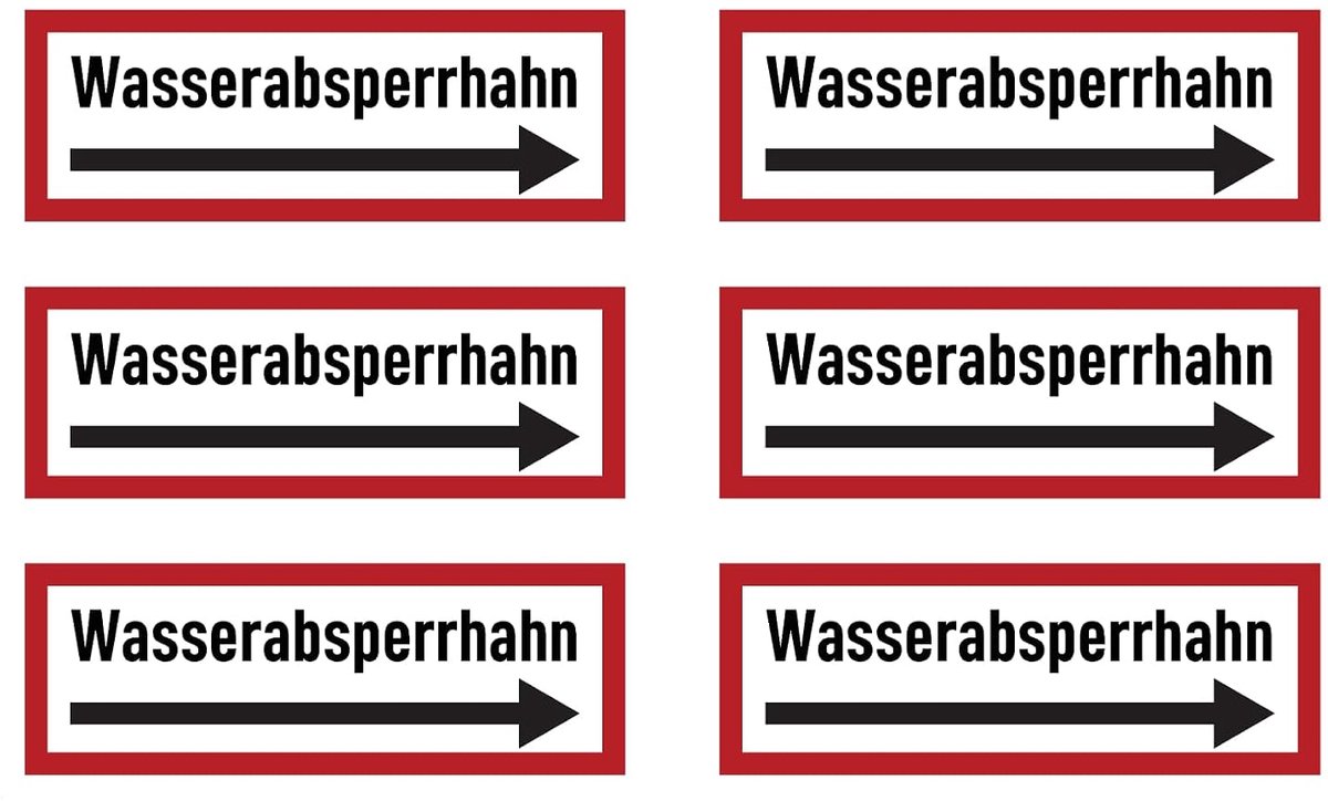37x105 mm, 6 stuks - waterkraan - instructiebord op brandbeveiliging en gebruiksaanwijzingen - DIN 4066 - D2 met richtingspijl rechts