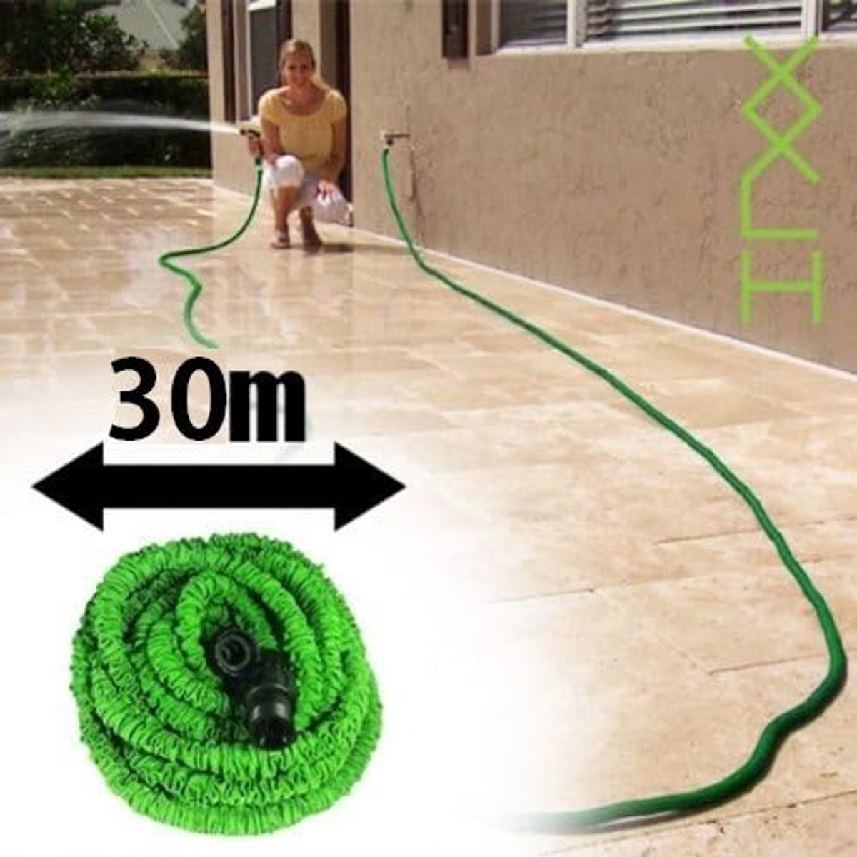 Tuinslang, 7,5 m, 15 m, 23 m, 30 m, XXL HOSE + pistool met 7 straalsoorten + 2 afdichtingen + eindkappen universele aansluiting (30 meter)
