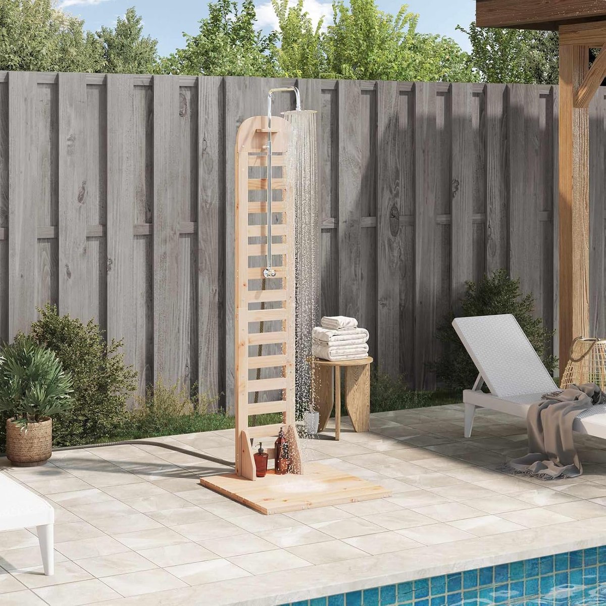 Tuindouche, 223 cm, massief grenen en roestvrij staal, natuurlijk, in hoogte verstelbaar, draaibare douchekop, weerbestendig, voor zwembad, tuin, terras, camping, strand, outdoor douche
