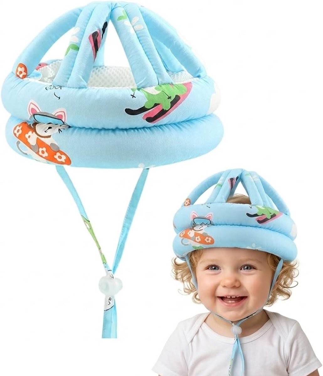 Babyhelm voor pasgeborenen, verstelbaar, voor pasgeborenen en eerste stappen, hoofdbescherming voor kinderen, 360° anti-botsing, zachte beschermkap om te leren lopen, skateboardstijl, blauw