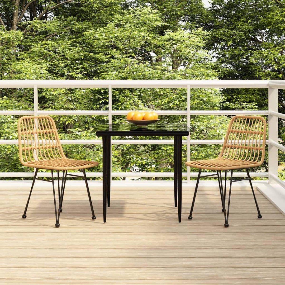 3-delig. Tuineetset poly rotan met stalen frame, eettafel met gehard glas blad en 2 stoelen met rugleuning voor buiten, max. 110 kg per zitplaats