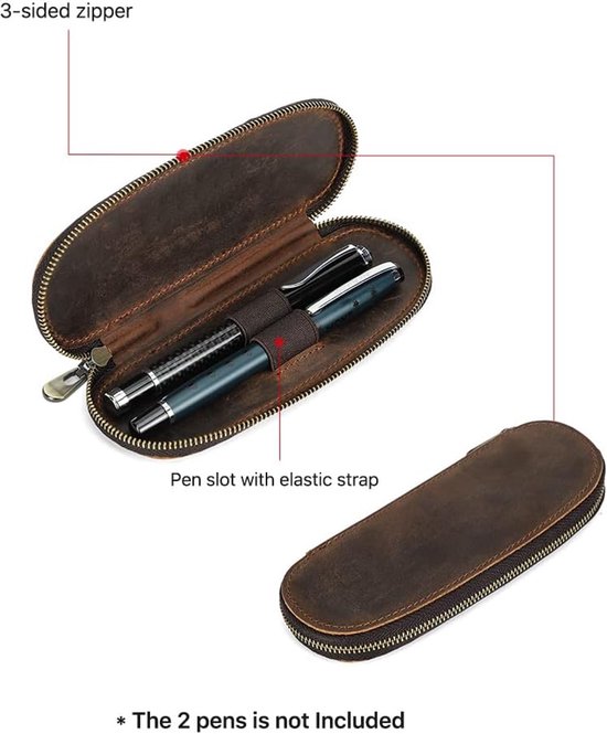 FAMILY Lederen pennenetui met 2 sleuven, briefpapier etui voor 2 pennen, ovaal lederen vulpenetui (koffiebruin), Koffie, Vintage — afbeelding 4