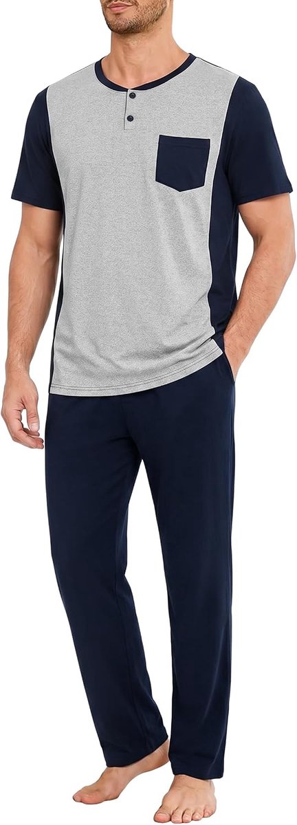 Herenpyjamaset met contrasterende kleuren, bovendeel met korte mouwen en lange broek