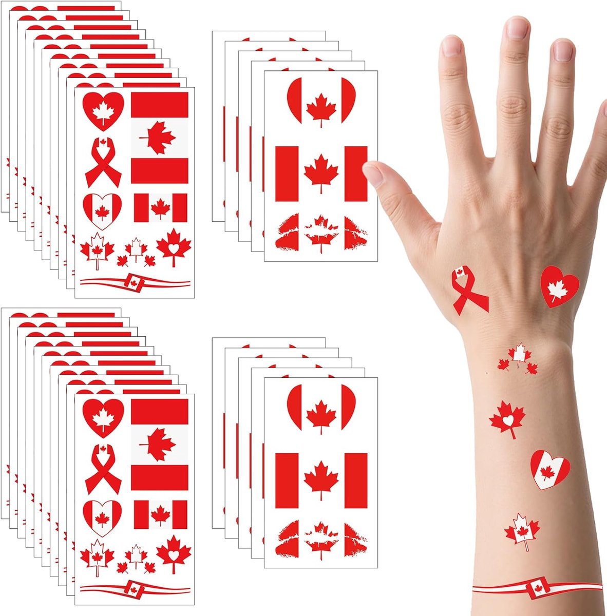 Van 190 stuks (30 vellen) Canadese vlaggen-tatoeages, watervaste tijdelijke zweettatoeages met Canada-motief, afneembare gezichtstattoos met nationale vlag voor mannen en vrouwen