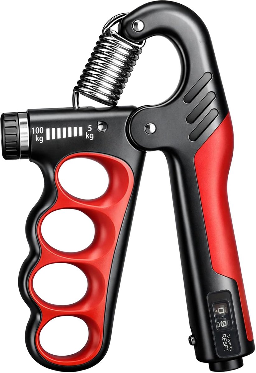 Handtrainer, 5-100 kg, met mechanische teller, rode greepversterker, 1 stuk, krachttraining voor vingers, pols en onderarm, training en revalidatie