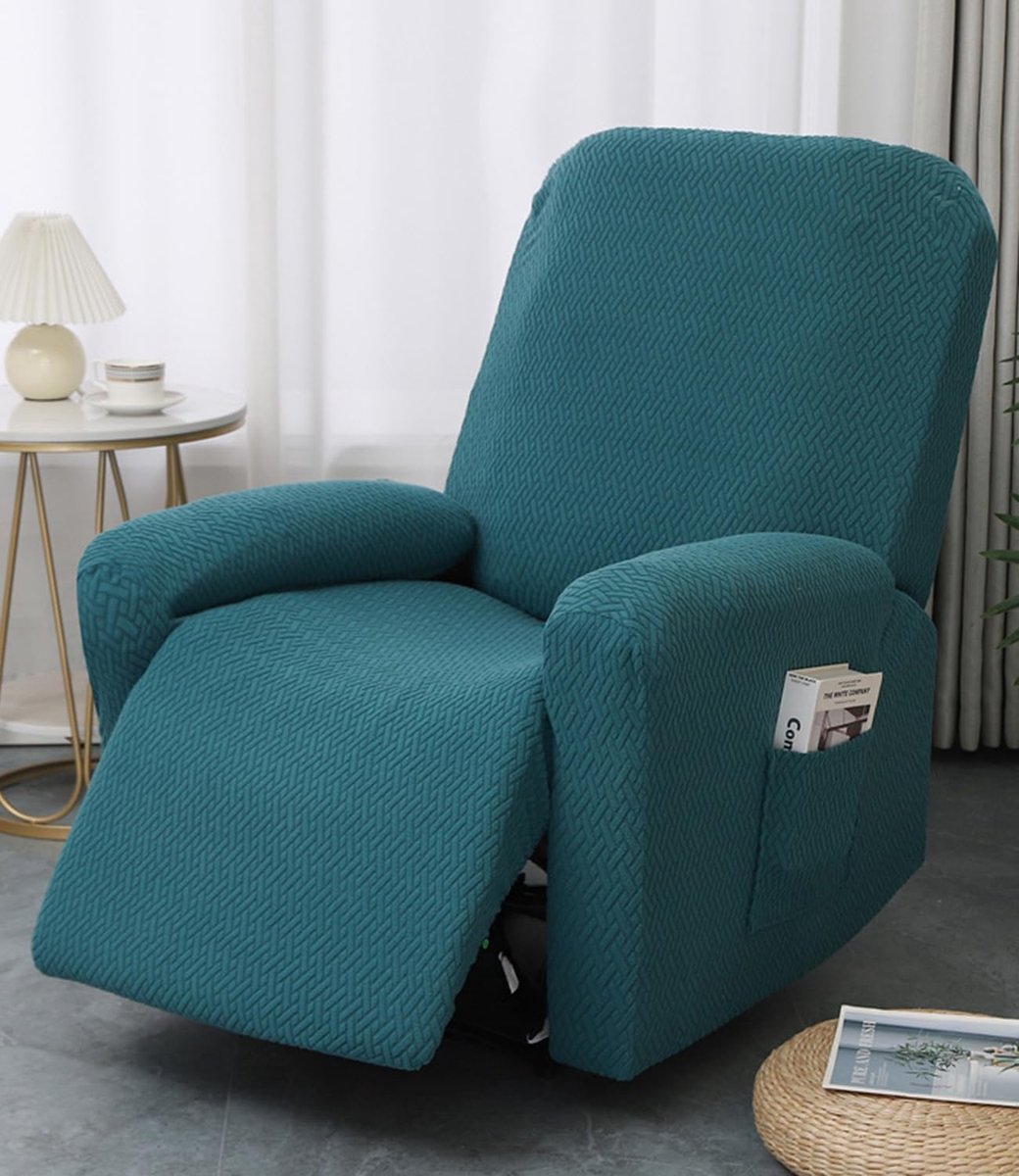 1-zits jacquard fauteuilhoes, fauteuilhoes voor elektrische stoel met zakken, 4 stuks stretch fauteuilhoezen, antislip fauteuilhoezen, beschermer - groenblauw