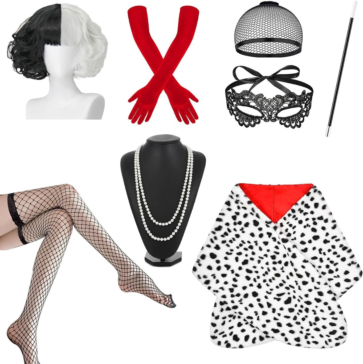 Kostuum voor dames, Halloweenkostuum voor dames, jaren 70-accessoires, korte zwarte en witte pruik met kanten masker, netkousen voor dames, handschoenen en halskettingset, voor