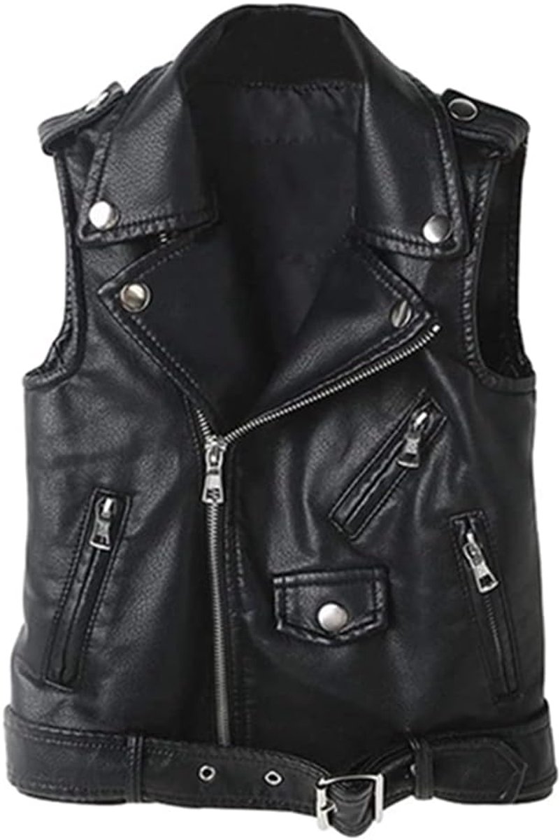Jas van Imitatieleer Mouwloos Kind - Bikerjack met Rits Asymmetrisch - Jassen Lente Herfst Jongen Meisjes