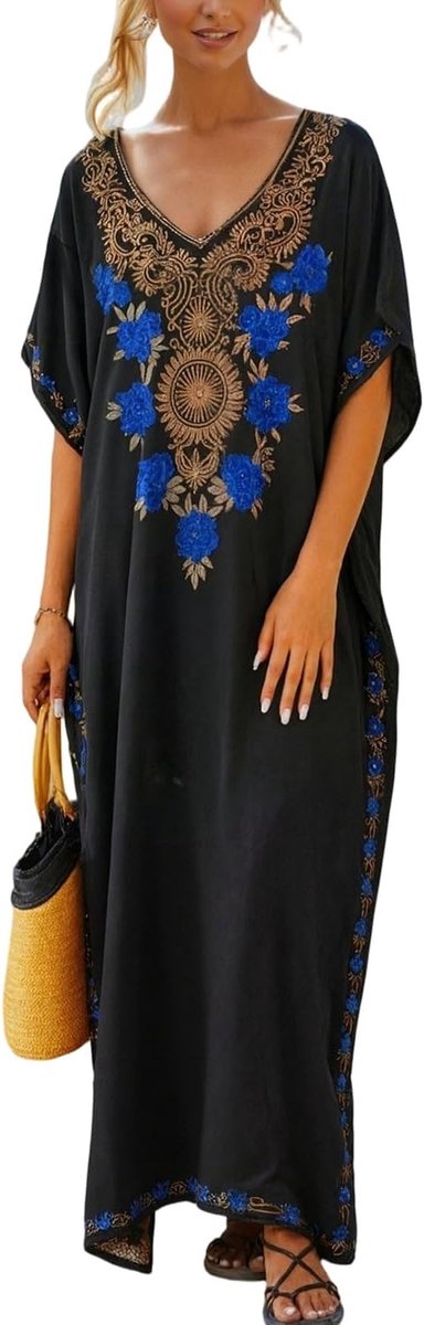 kaftan met bloemen, boheemse strandjurk, bikini-overgooier, lange badjassen voor dames