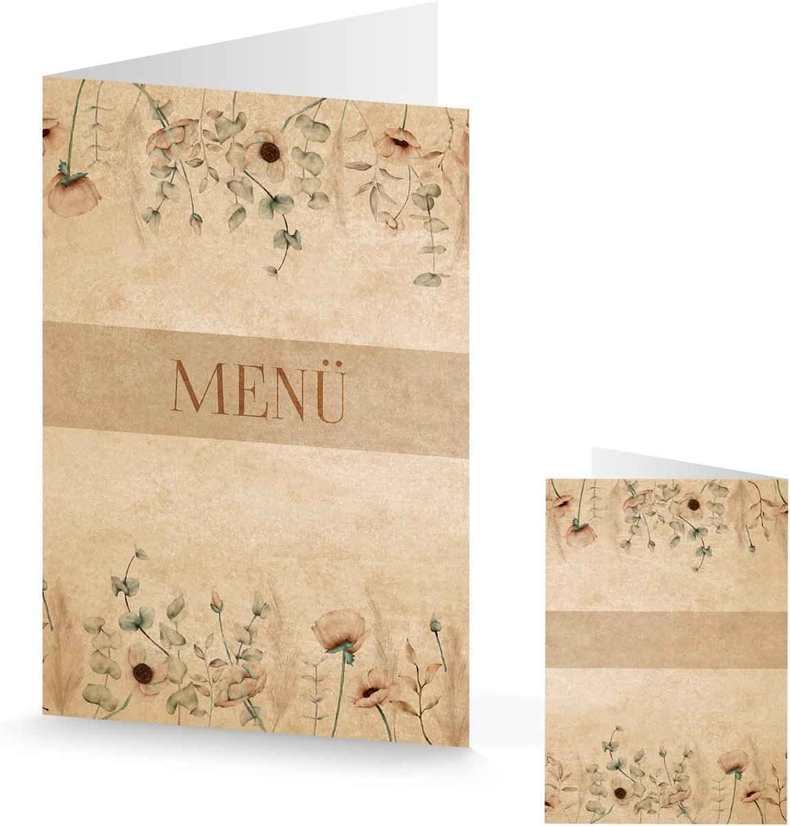 Feestelijke menukaarten DIN A5 beige boho bloemen - menukaart om te bedrukken en te beschrijven bruiloft restaurant
