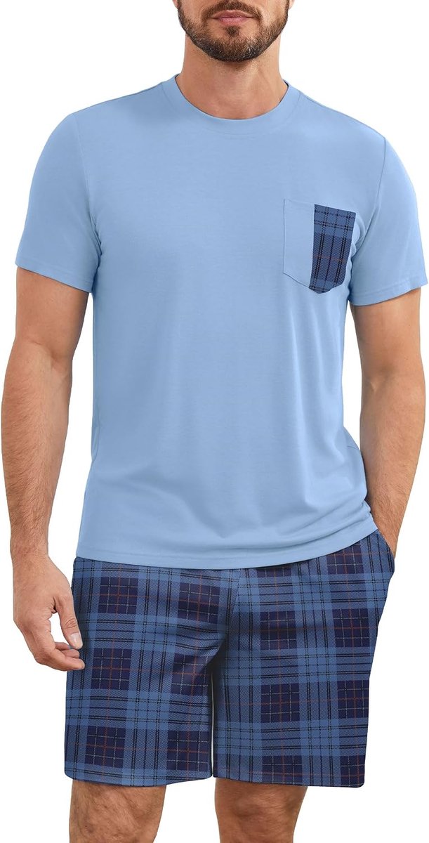 Pyjama voor heren, korte pyjama, zomer, katoen, tweedelige set, nachtkleding, korte mouwen, bovendeel en geruite pyjamabroek