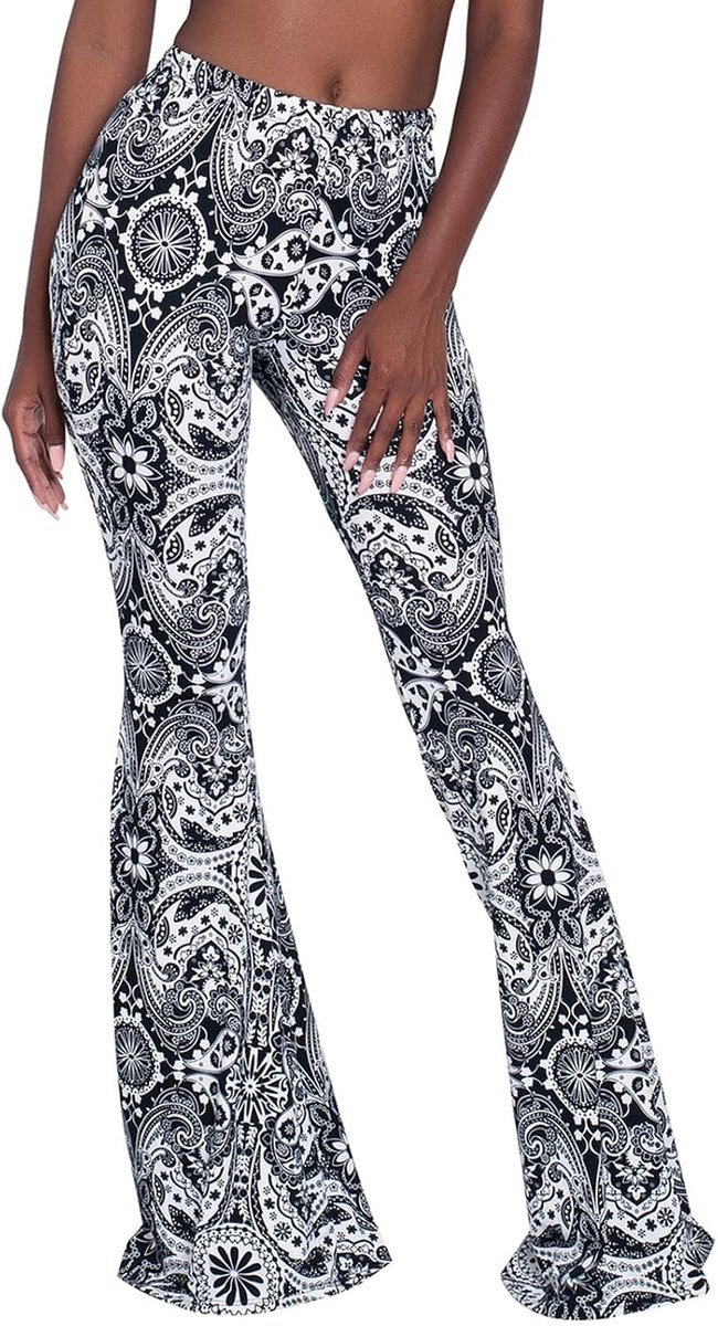 Vintage bedrukte lange uitlopende broek voor dames, hoge taille, rekbare wijde pijpen, yogabroek