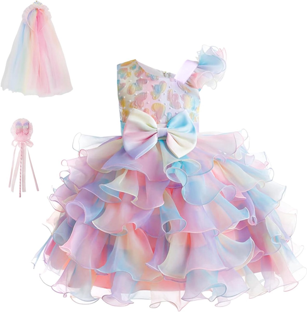 Prinsessenjurk van gelaagde tule, mouwloze regenboogmeisjesjurk voor de zomer, verjaardagsfeest, bruiloft, baljurk voor meisjes van 4-8 jaar, inclusief hoofdband, toverstaf en geschenkdoos