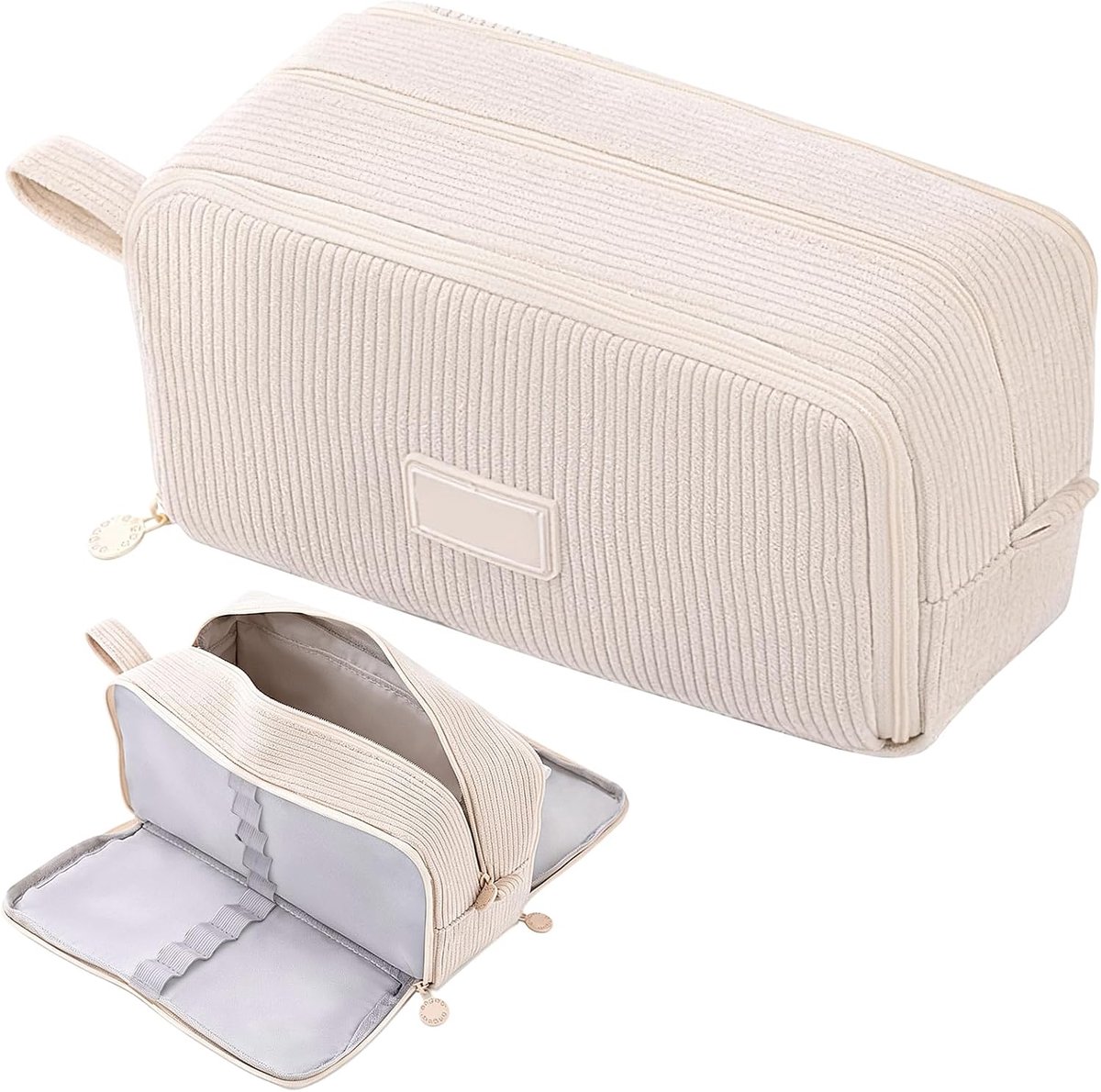 Pennenetui van corduroy, etui met 3 vakken, groot, praktisch etui met ritssluiting, schooltas met draaggreep, voor school en kantoor (beige)