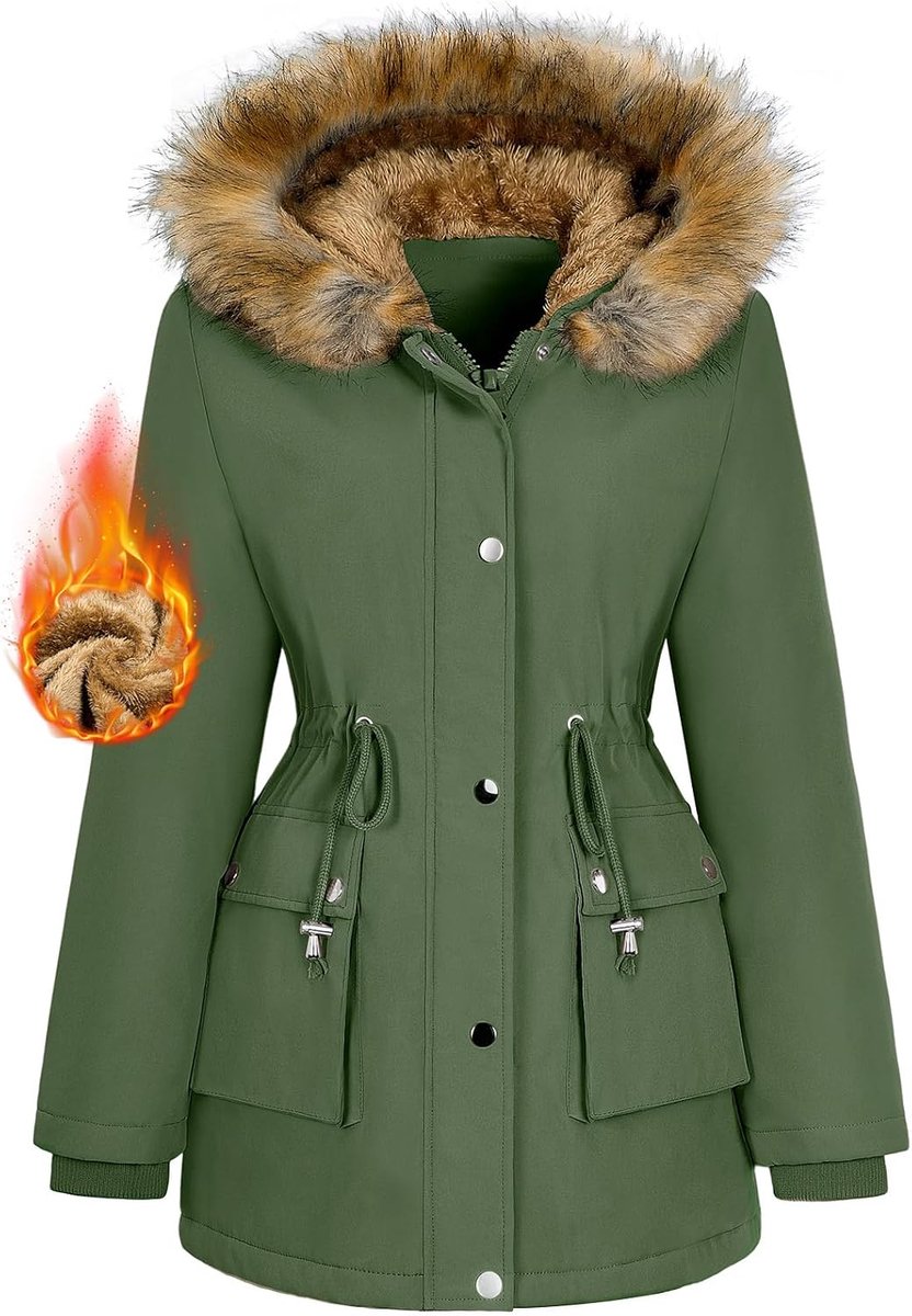 Winterjas voor dames, warm, waterdicht, gevoerd, middellange winterparka met verstelbare taille en afneembare sierbies