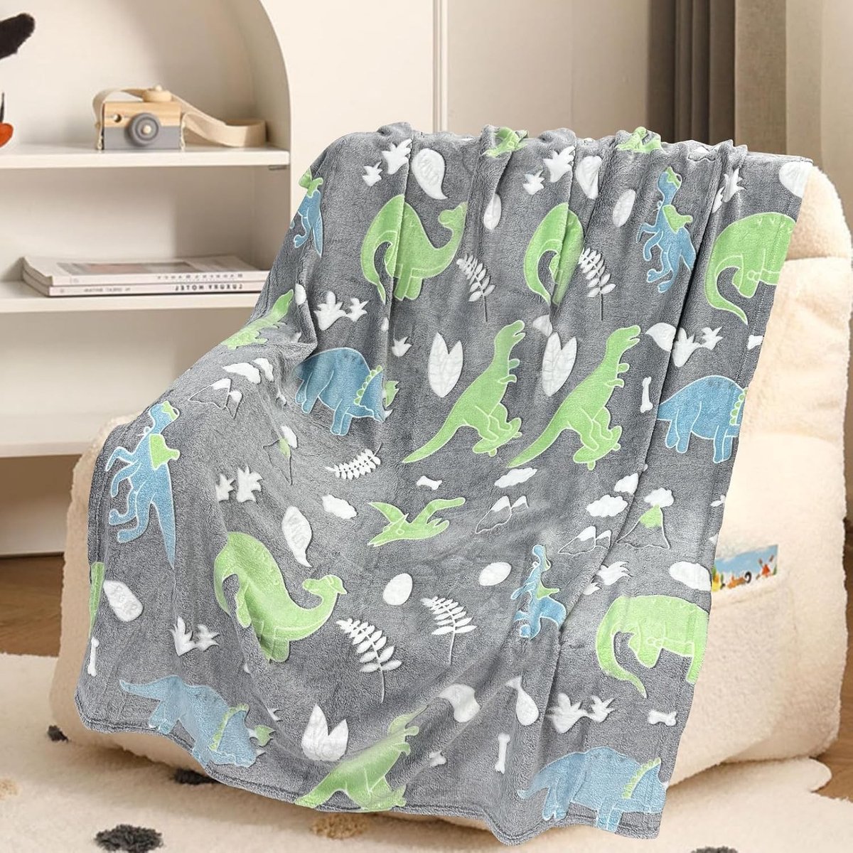 Cuddly Unicorn Dekentje voor Kinderen - Fluffy Glow in the Dark Dekens voor Jongens en Meisjes van 1-10 Jaar, Perfect als Cadeau (Dino, 150 x 200cm)