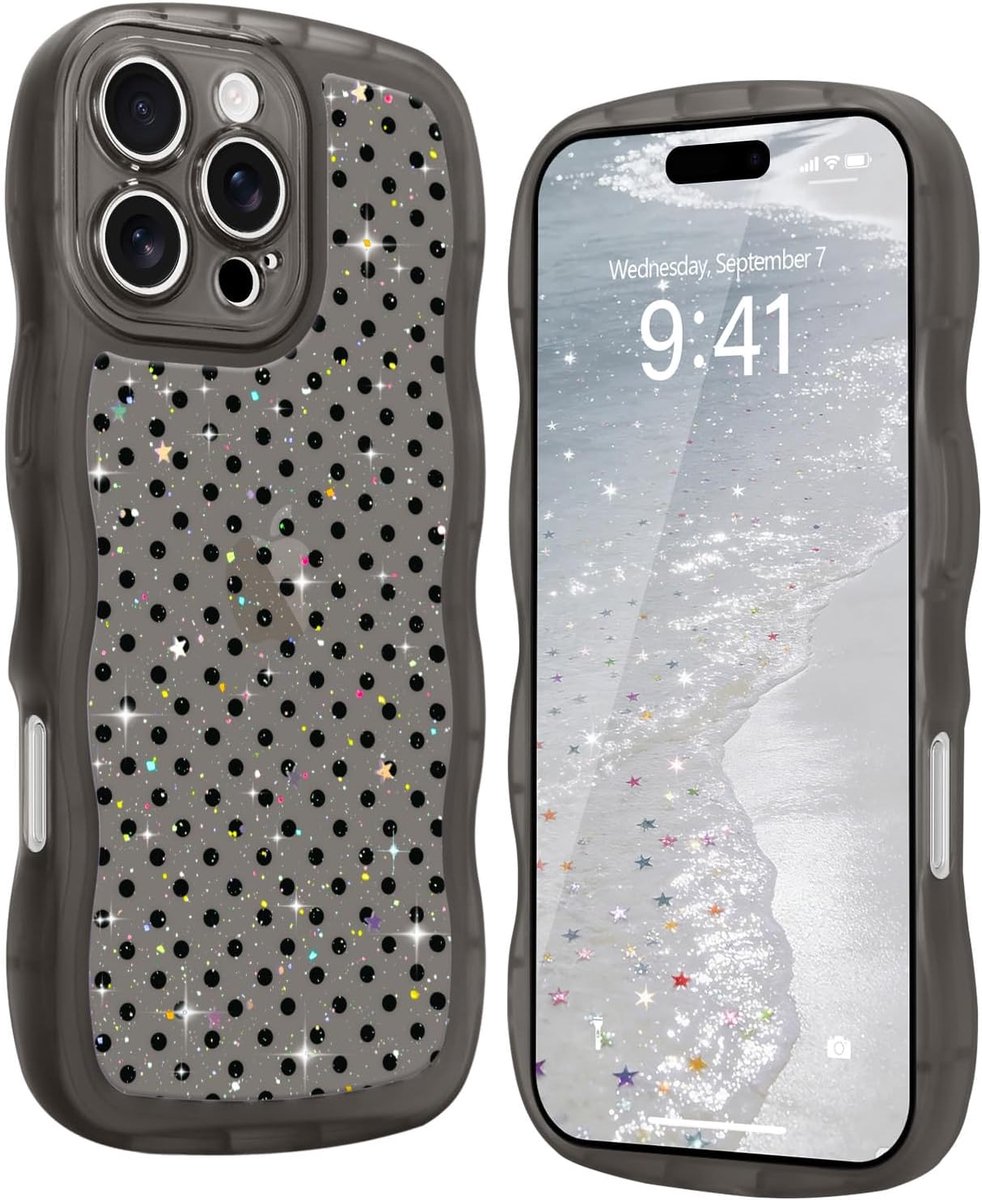 Hoes voor iPhone 16 Pro, golvendesign, pailletten, glitter, grijs