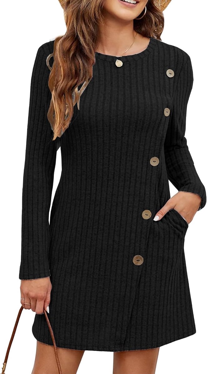 Damesjurk herfst elegante A-lijn pullover jurken pullover lange mouwen ronde hals winterjurken
