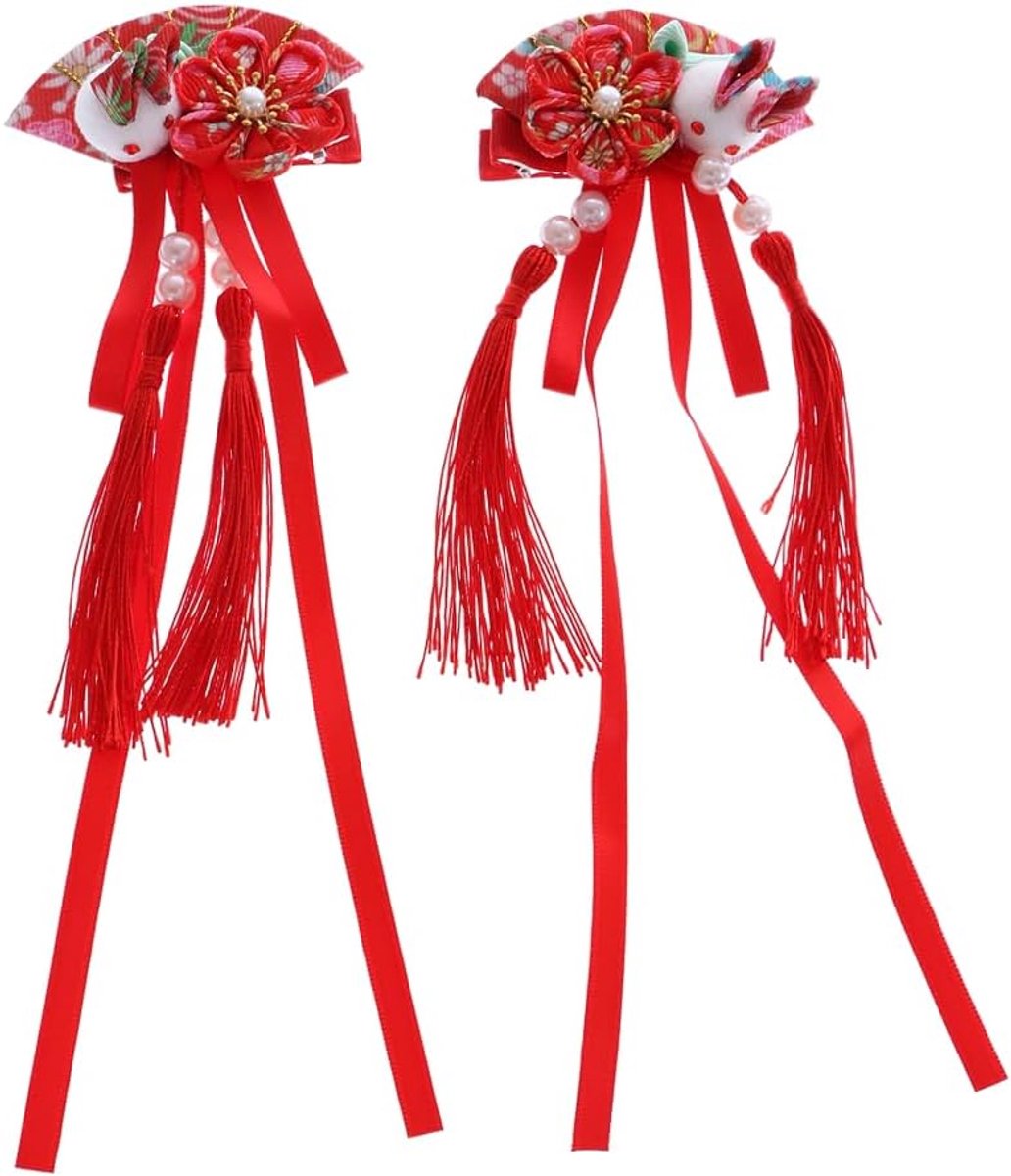 Rode Waaiervorm Konijn Handgemaakte Sakura Kersenbloesem Stof Bloemen Kwasten Haarclip Haarspeld Japan Geisha Kimono China Hanfu Accessoire