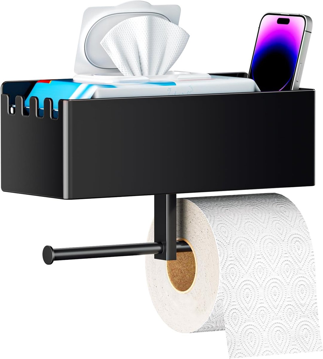 Toiletpapierhouder met opslag, wandgemonteerde toiletpapieropberghouder met plank voor 2 roldoekjes en doorspoelbare vochtige doekjes, zwart
