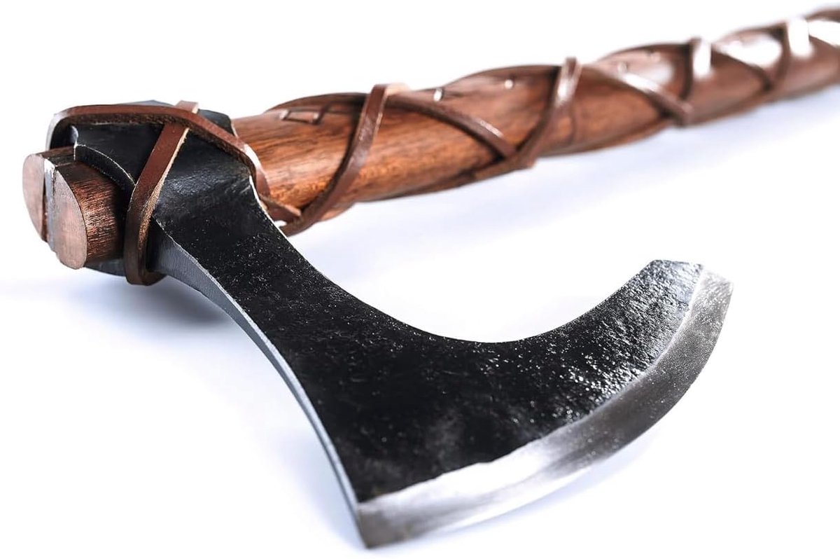 24 inch Vikingbijl handgesmede strijdbijl met bijlkop van 1095 koolstofstaal en teakhouten schacht met handgegraveerde Scandinavische runen