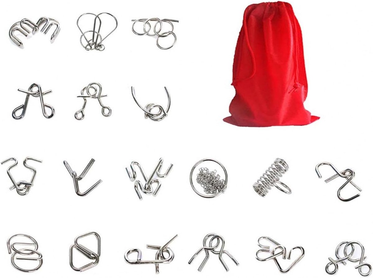 18 stuks metalen puzzelspellen, puzzelspellen, kit denksporttaken, metalen puzzel, ontwarrende puzzels, geduldspelset voor volwassenen en kinderen