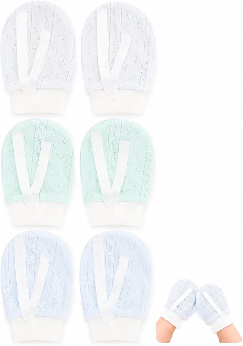 Handschoenen voor pasgeborenen, 3 paar, zachte katoenen handgrepen, 0-7 maanden, wit/lichtgroen/blauw, gesloten manchetten ter bescherming van de nagels en een rustige slaap