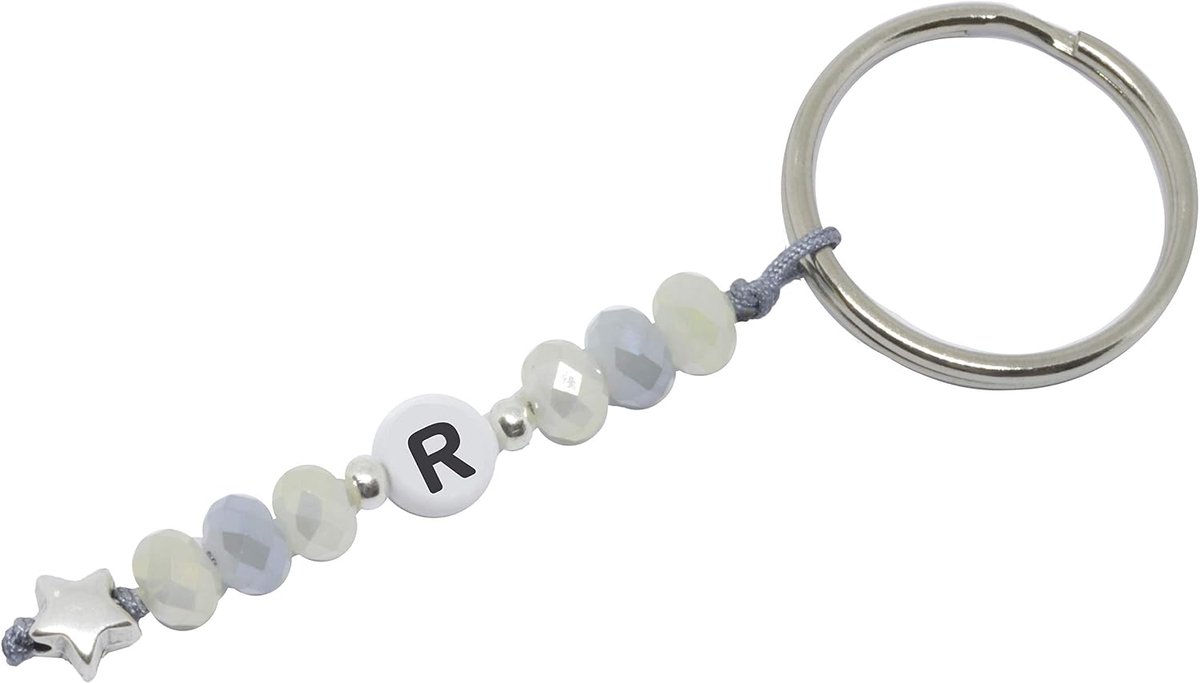 Jewelry Sleutelhanger zilver ster handgemaakte hanger met letter en glazen geslepen kralen incl. geschenkverpakking, R, 7,5 cm