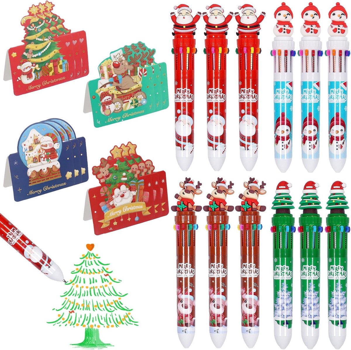 24 stuks kerst-schrijfwarenset, kerstbalpen en kerstkaarten, 10-in-1 balpen, intrekbaar, kerstschrijfwarenset voor kinderen, kerstcadeaus, feestzakvulpen