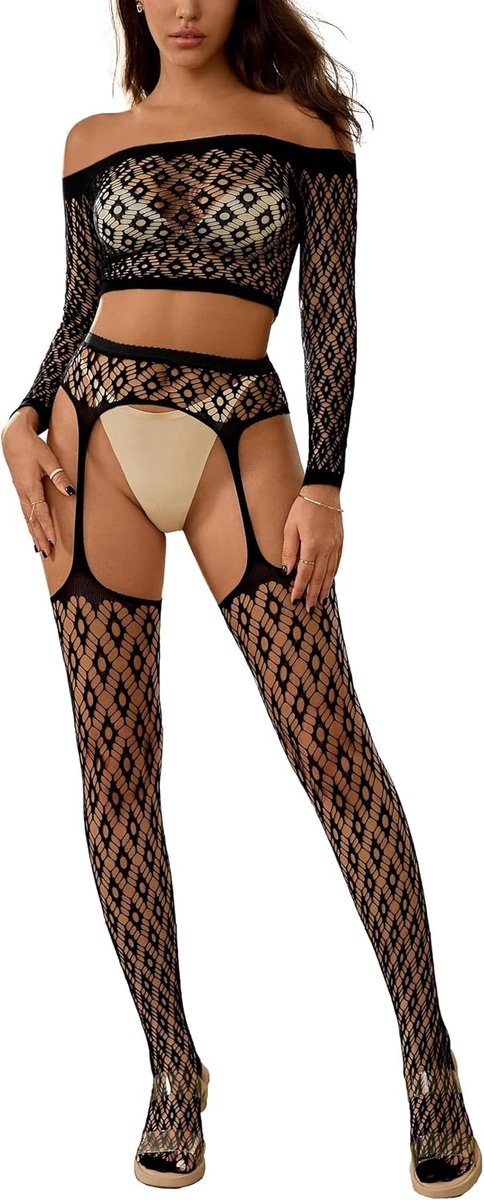 Dameslingerieset, 2-delig, eenheidsmaat, outfit, visnetbustier + jarretel, overknee-kousen, mesh-negligé, party-basics