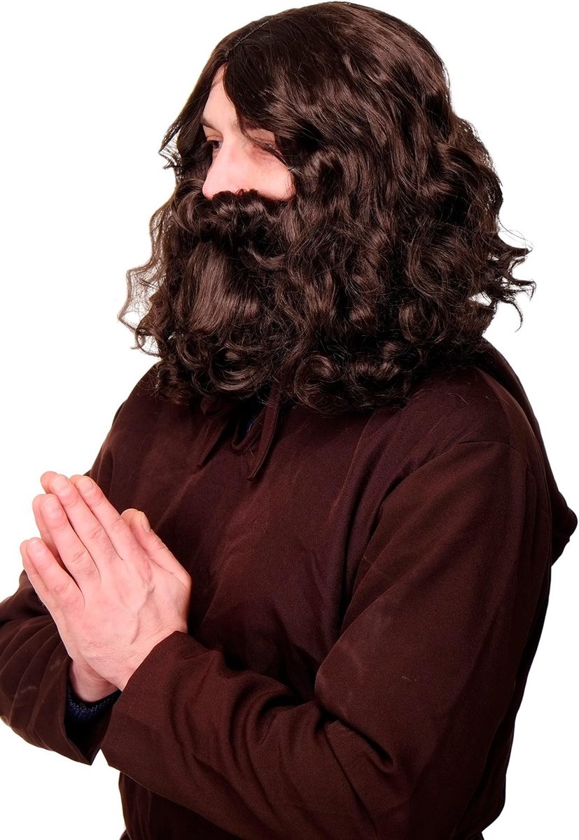 Pruik Baard Volle Baard Carnaval Profeet Guru Jezus Hipster Boskobold Holbewoner Bruin