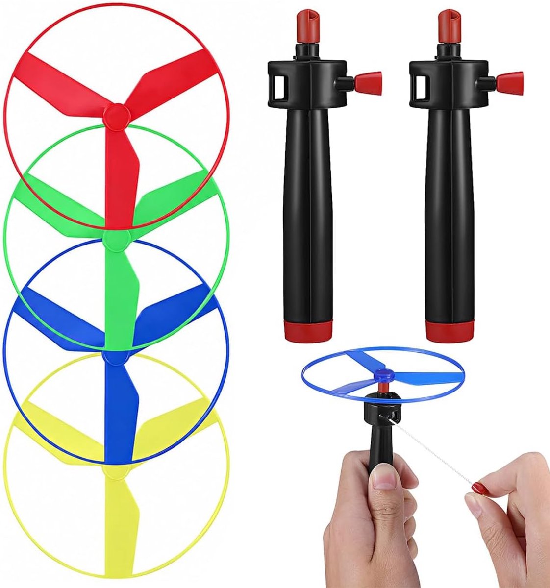 2 sets spinner, zachte vlucht, verschillende designs, vliegende trompet met 2 launchers en 4 schijven voor feestjes (kunststof, willekeurige kleur)