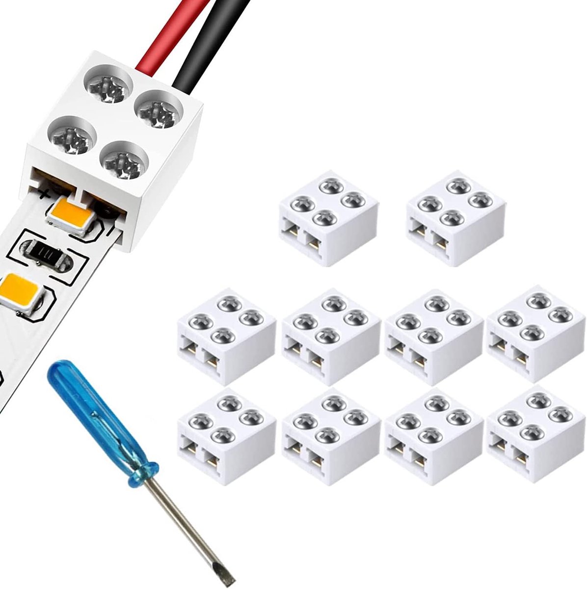 10 Stuks - 2 Pin 8 mm Soldeerloze LED-Strip Licht Stekker Schroef Klemblokken Voor Strips Lichten Band Naar Draad Voor 5 V 12 V 24 V, Inclusief Schroevendraaier