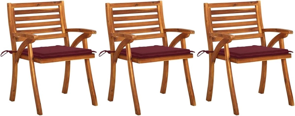 Eetkamerstoelen, tuin, met kussen, rood, 3 stuks, fauteuil, terras, binnenplaats, park, buiten, buiten, massief hout, acacia