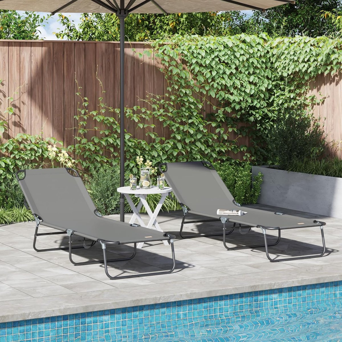 Ligstoel, 2 stuks, draagbaar, grijs, 600D Oxford-stof met verstelbare armleuningen, uv-bestendig, outdoor relaxing