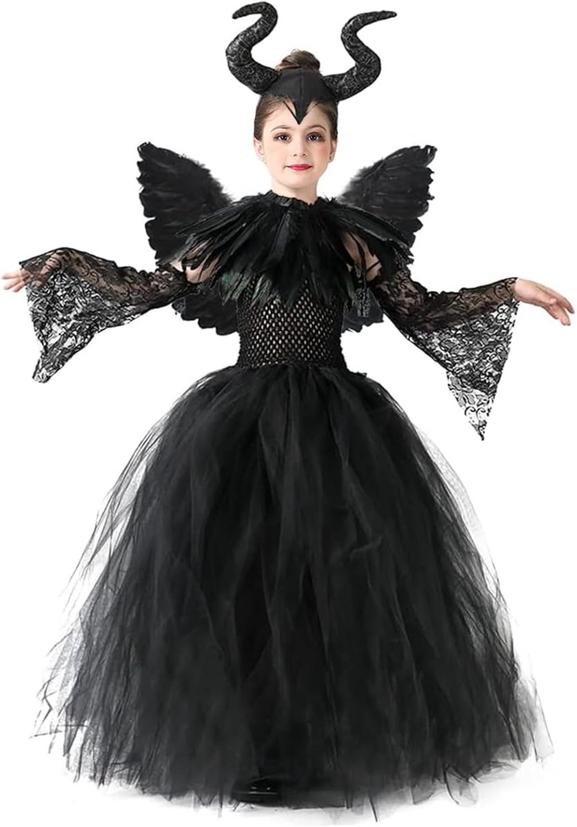 Maleficent kostuum voor kinderen: meisjes boze koninginnenjurk set met hoorns hoofdtooi zwarte vleugels cape voor Halloween carnaval verkleedpartij cosplay party outfits