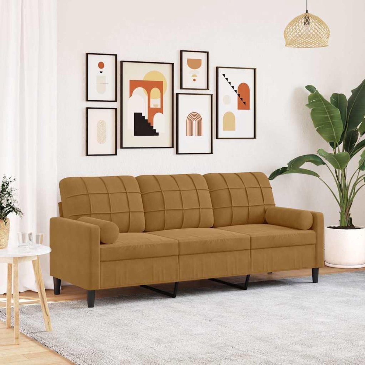 3-zitsbank met sierkussen, bruin, 180 cm, fluwelen bankhoek, slaapbank, metalen frame en afneembare hoezen voor woonkamer