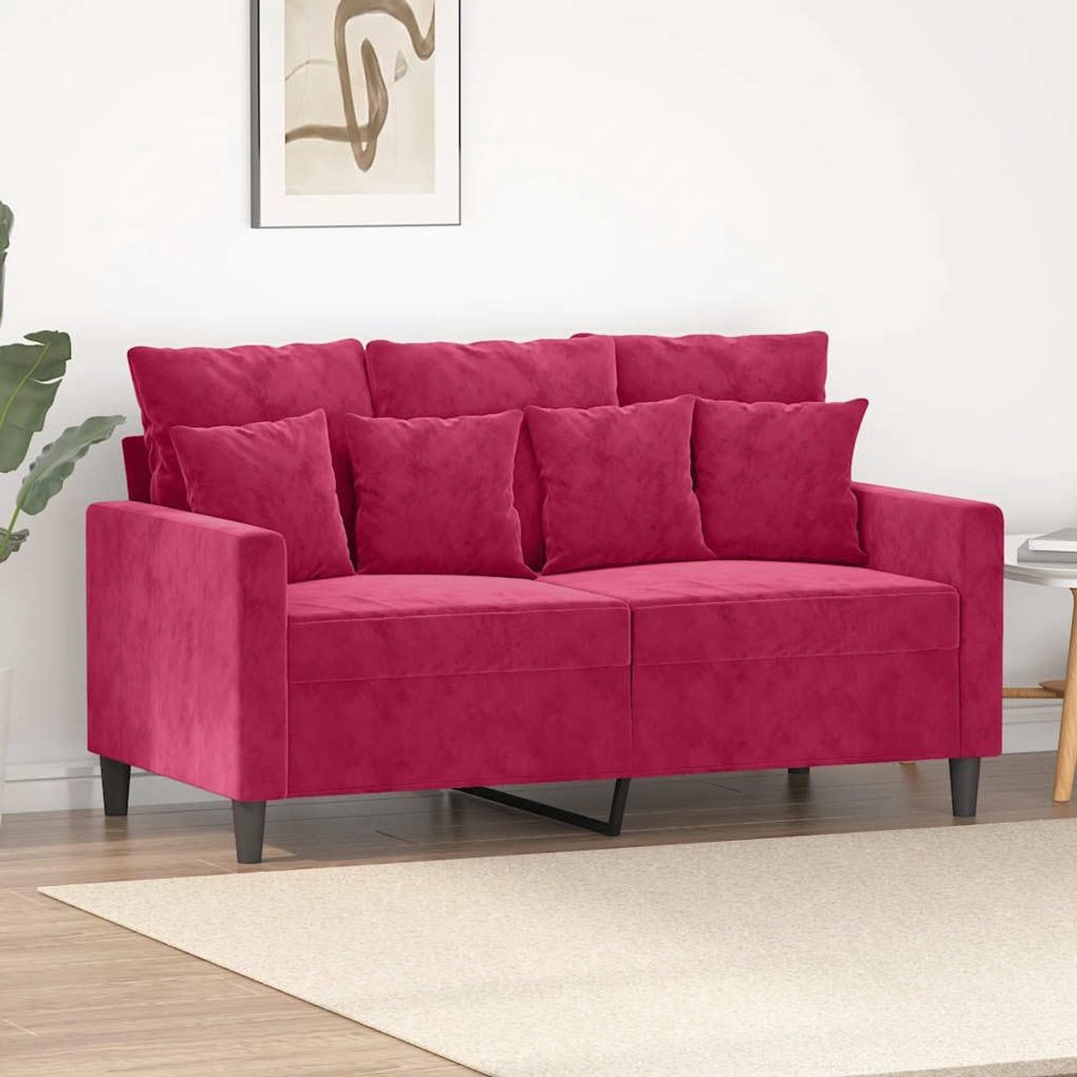 2-zitsbank in wijnrood, 120 cm breed, van zacht fluweel met robuust metalen frame voor stabiliteit en comfort, comfortabel gevoerde zittingen, armleuningen