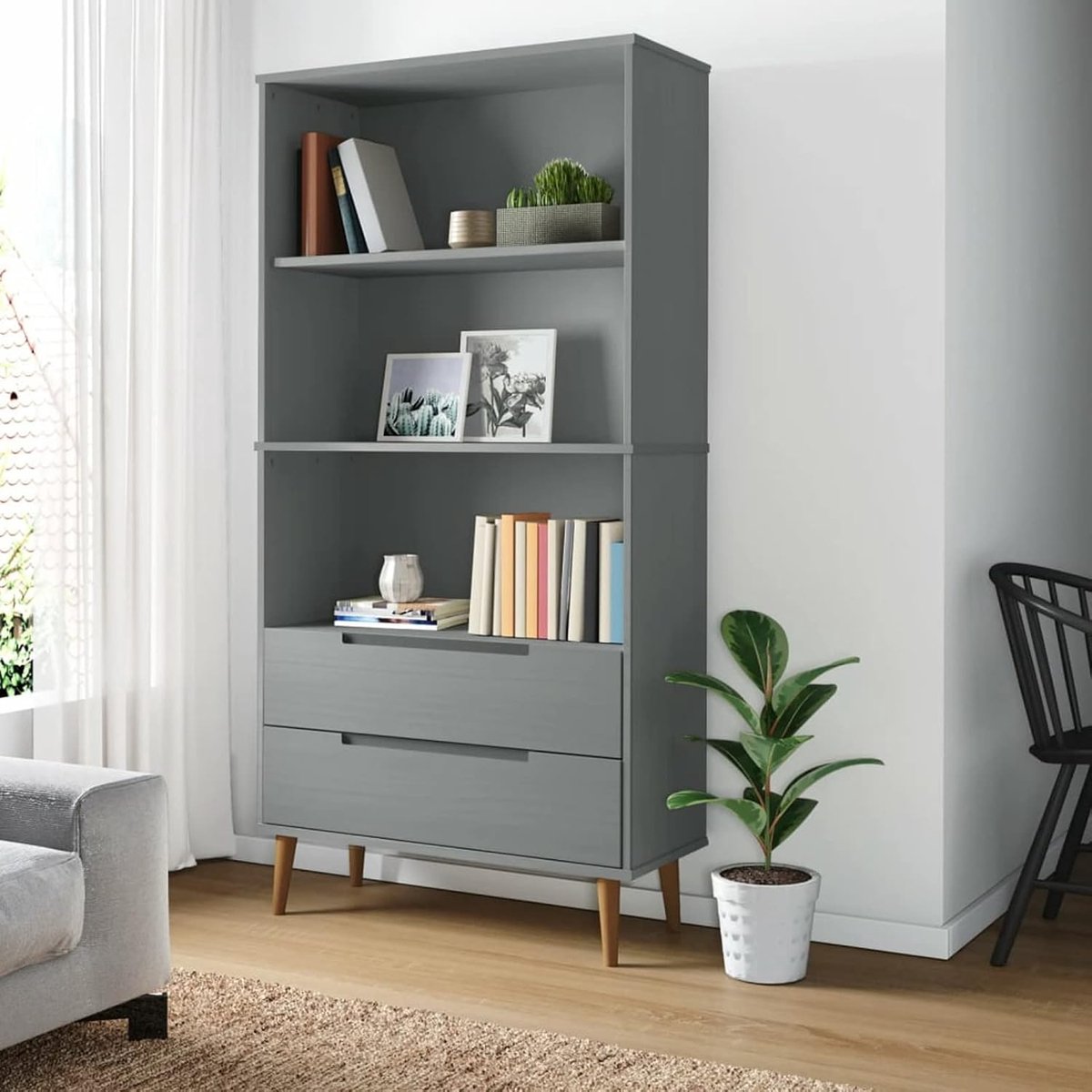 Molde J350542 Boekenkast, grijs, 85 x 35 x 170,5 cm, massief grenenhout, boekenkast, opbergkast, boekenkast, cd-plank, boekenkast voor de woonkamer, grijs