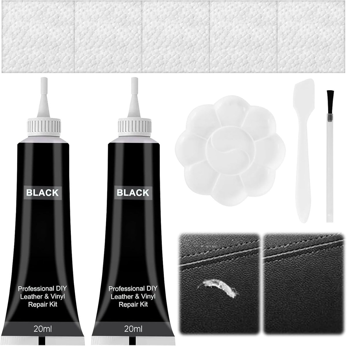 Reparatieset voor leer, 2 lederreparatie crème, lederbalsem, lederrestaurator, lederreparatieset, lederkrassen, reparatie sofa's, schoenen, autostoelen, jas, zwart