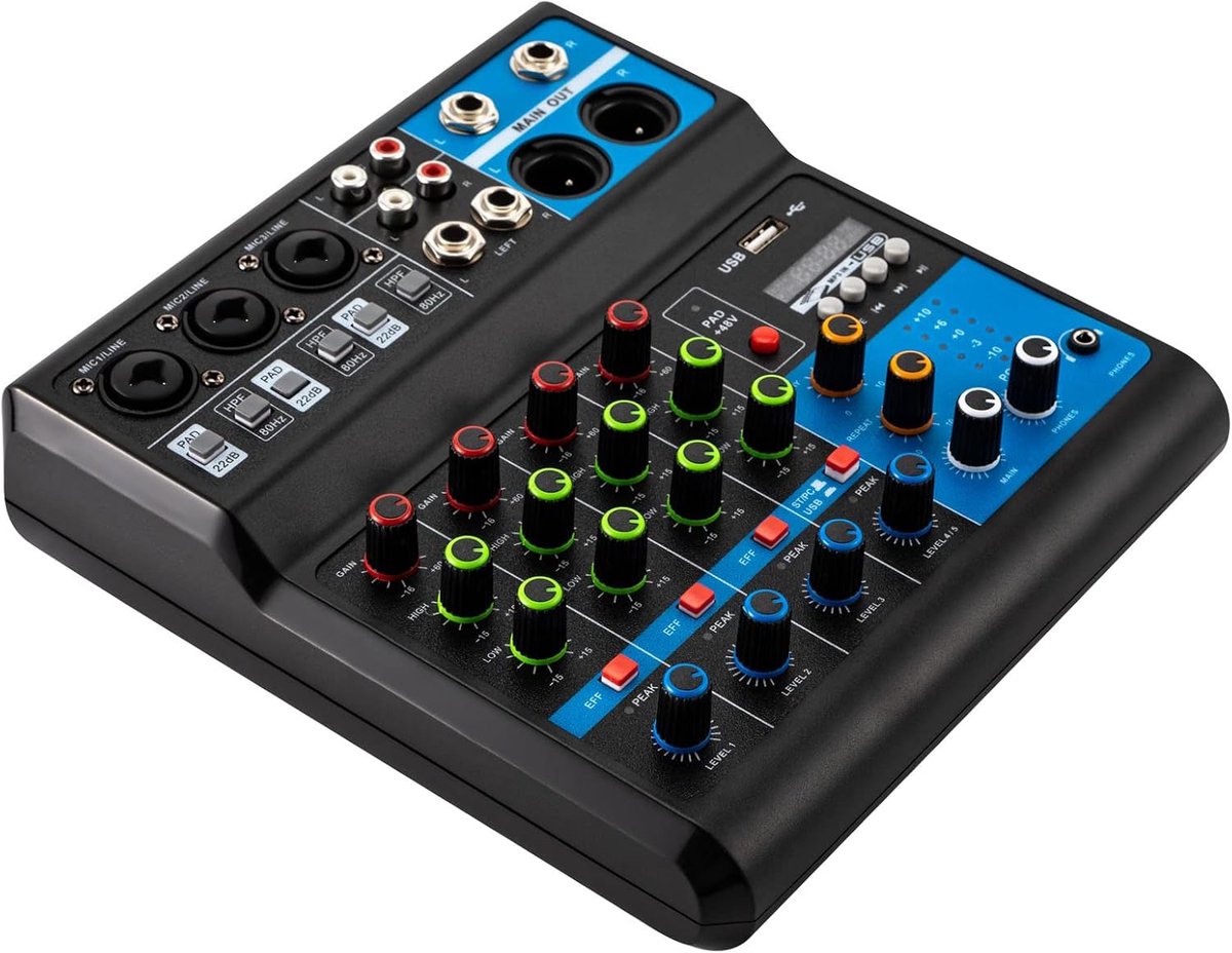 5-kanaals bluetooth-mixer, ingang 48 V fantoomvoeding, USB-MP3-stereo-live-DJ-studio-streaming voor opnames, live streaming, podcasting