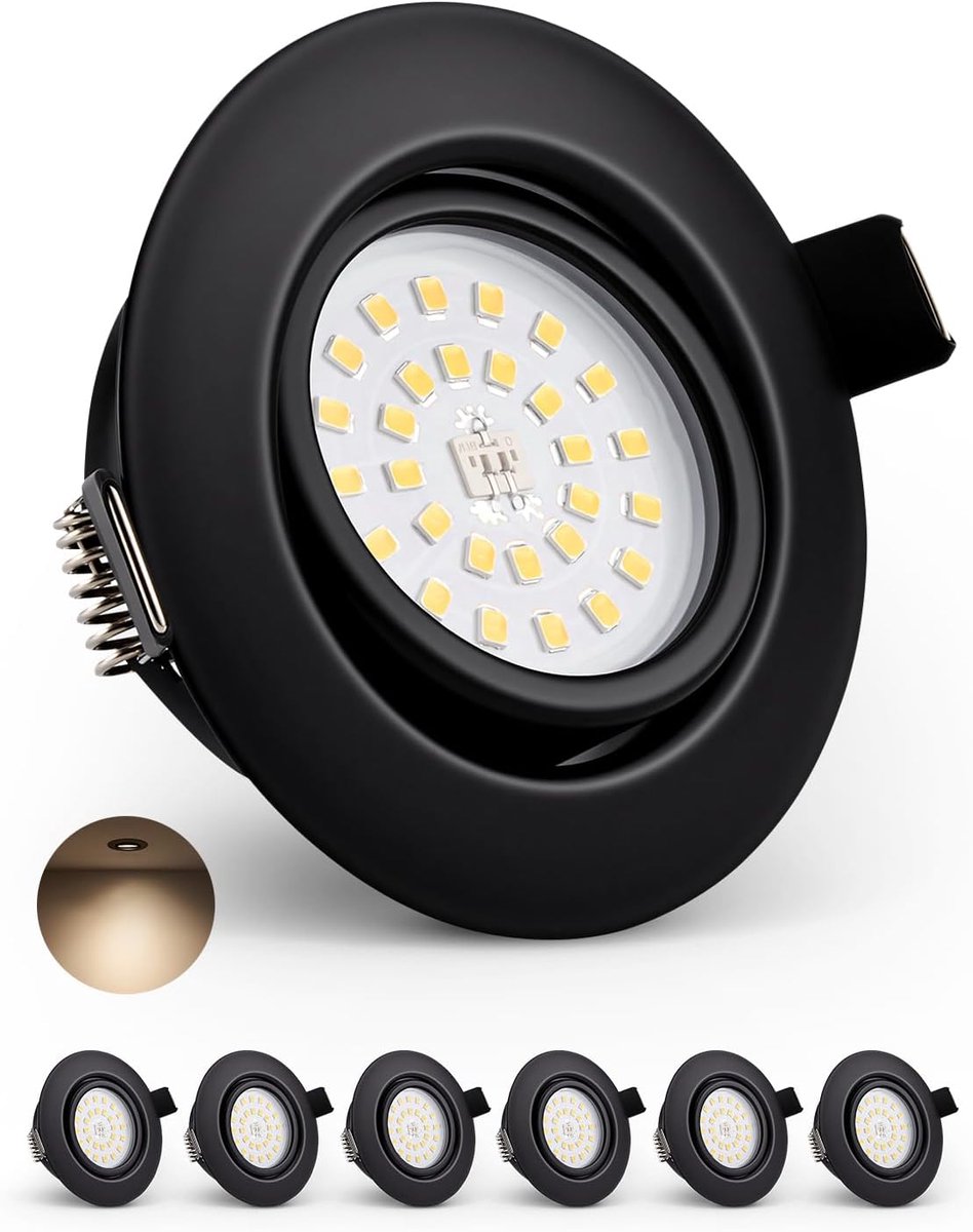 Set van 6 led-inbouwspots, zwart, dimbaar, klasse D