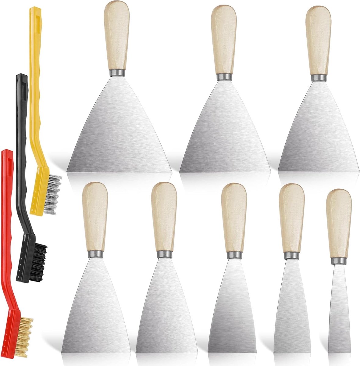 11 Stuks Spatelset, Oppervlakspatel mit 3 Fornuisborstel, Droogbouwgereedschap, Roestvrij Stalen Schilderspatel met Kunststof Handvat, Putty Mes, Spatel, Schraper (8 Maten Beschikbaar)
