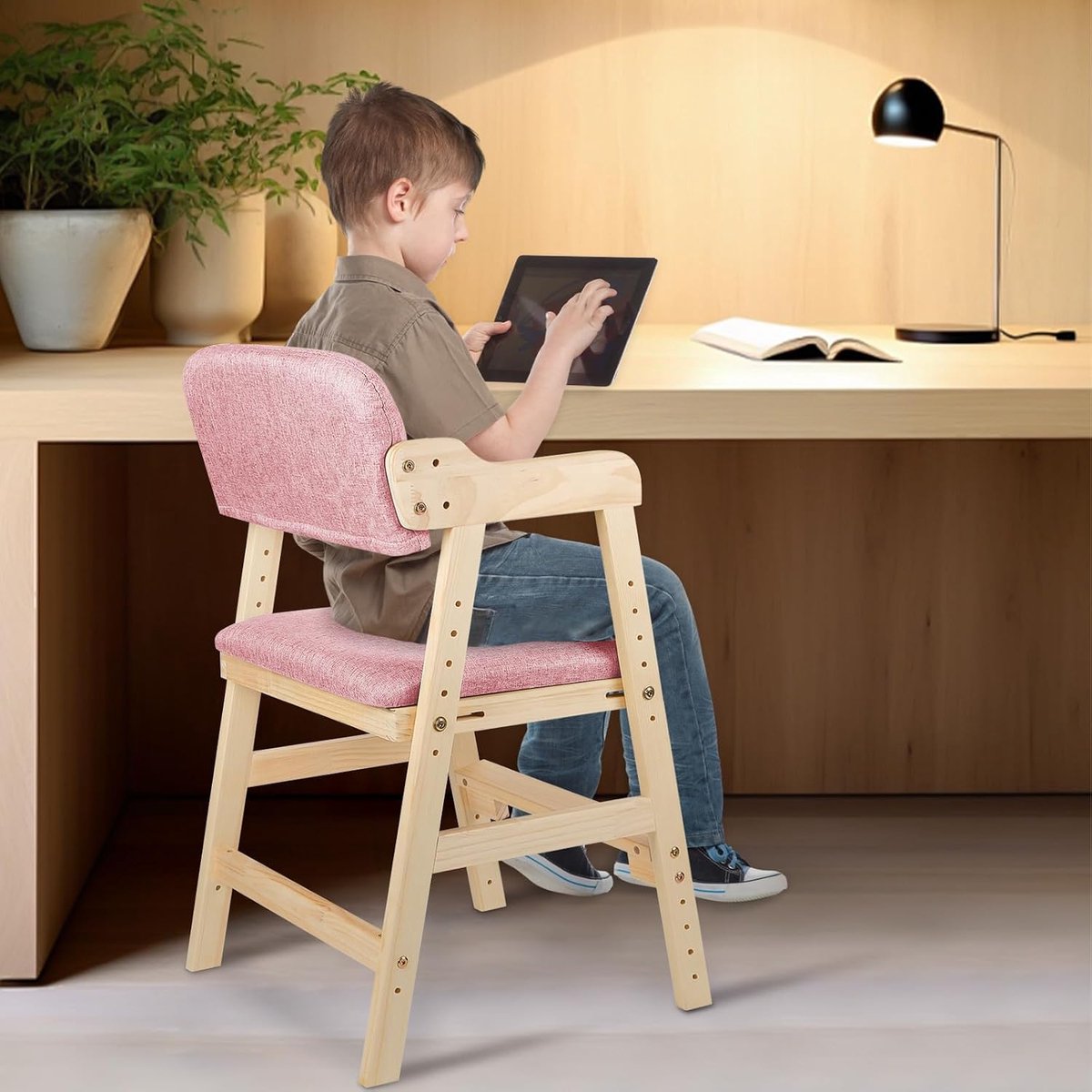 Bureaustoel voor kinderen, slaapkamer, met comfortabel kussen, studiestoel, in hoogte verstelbaar, kinderstoel van hout (roze)